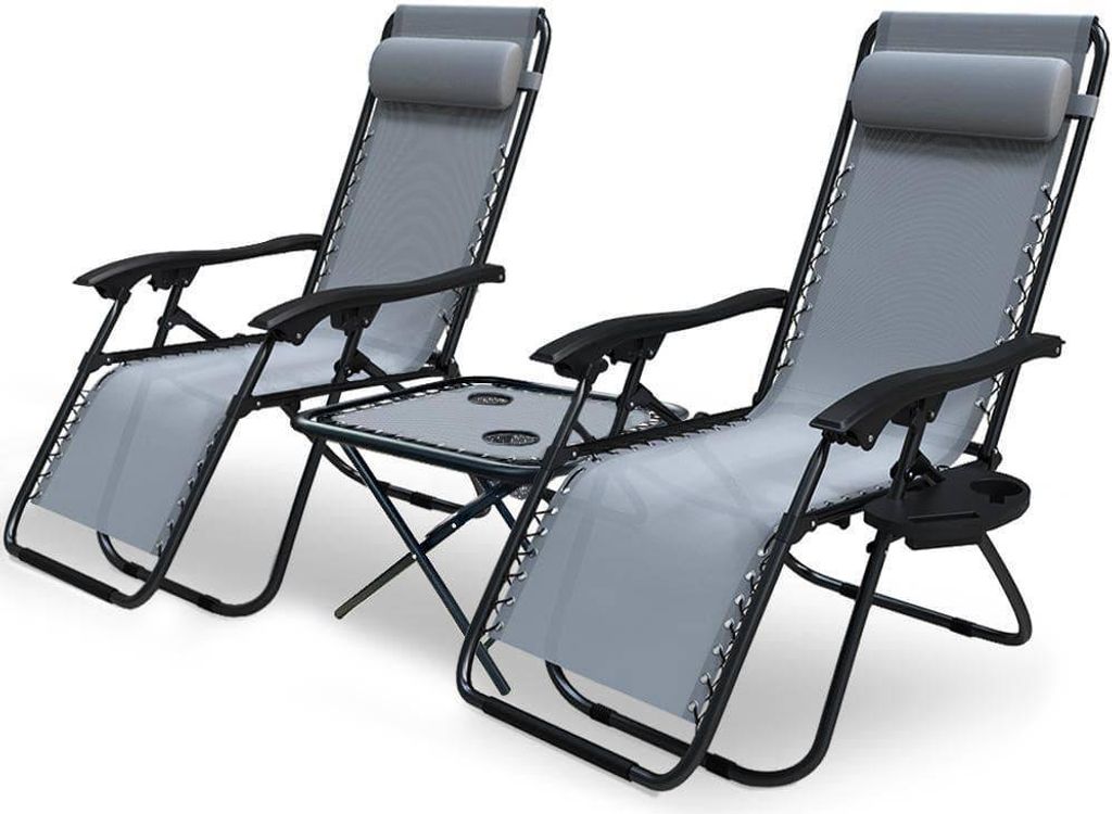 VOUNOT 2er-Set Liegestuhl Klappbar mit Beistelltisch, Relaxstuhl Garten mit Getränkehalter und Kopfpolster, Grau
