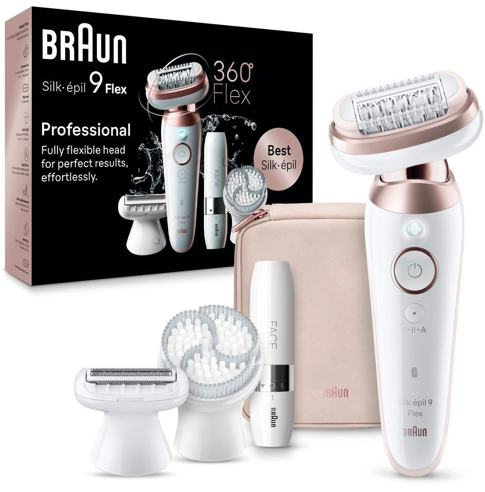 BRAUN Epilierer Silk-épil Flex 9 9-360 mit Rasier-, Trimmer- & Peelingaufsatz, Mini-Rasierer für das Gesicht
