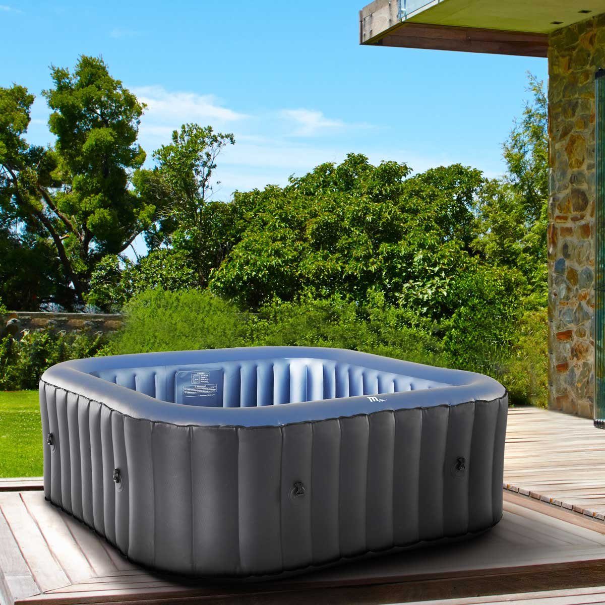 mSpa Whirlpool BRAST aufblasbar Tekapo für 6 Personen 185x185cm, (In-Outdoor Pool 132 Massagedüsen Timer Heizung), Aufblasfunktion per Knopfdruck TÜV geprüft Bubble Spa Wellness Massage