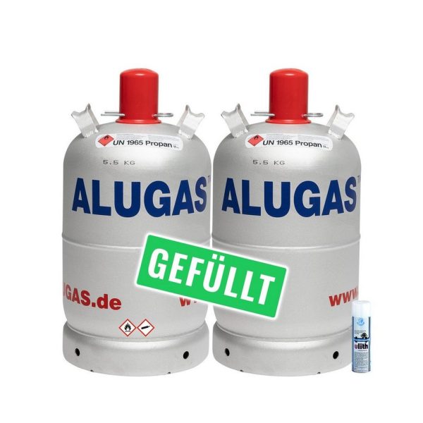 BlueCraft Camping-Gas, 2X Alu Propangas Flasche 11kg gefüllt inkl. Lecksuchspray