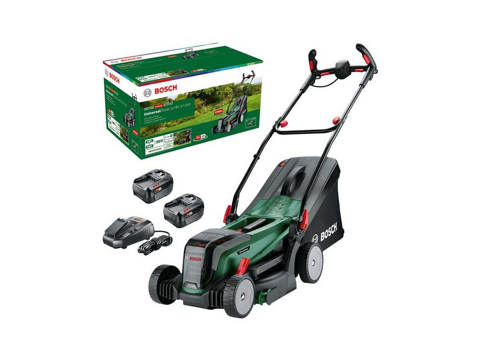 Bosch Home & Garden Akkurasenmäher UniversalRotak 2x18V-37-550, 37 cm Schnittbreite, mit 2xAkku 18V/4,0 Ah und Ladegerät